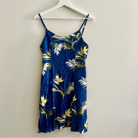 Paradise Found Dress Navy Blue Hawaiian Floral Print Bamboo Women Medium Vintage - Picture 2 of 10